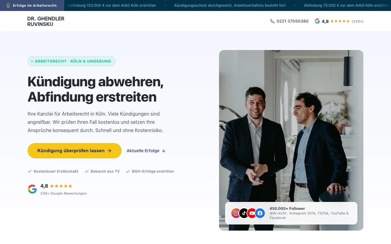 Landingpage Arbeitsrecht Köln der Kanzlei GHENDLER RUVINSKIJ